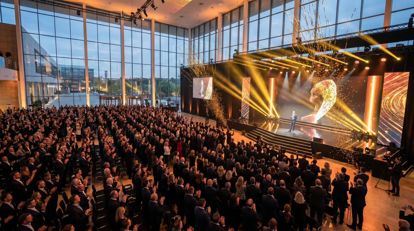 Großes Industrie-Event mit Bühne und Publikum