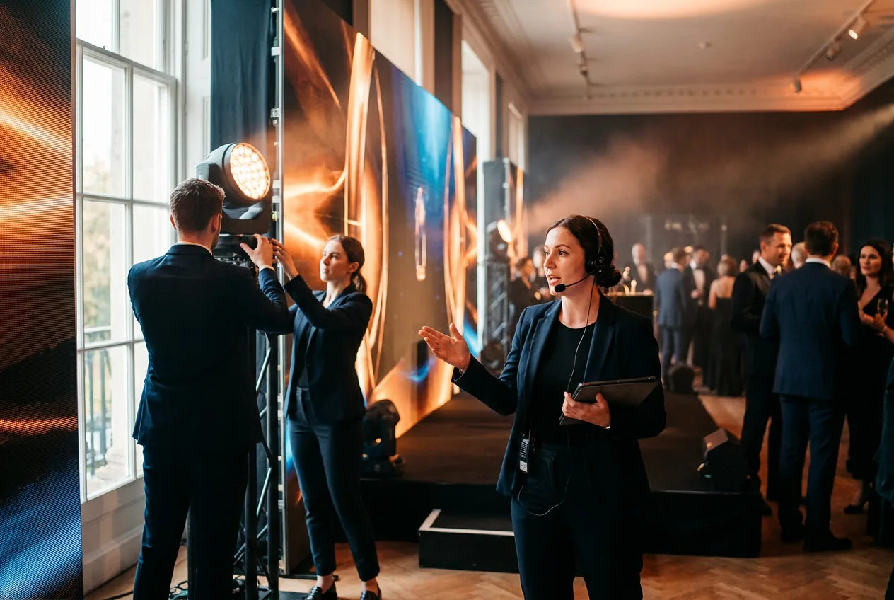 Eventmanagerin koordiniert das Setup